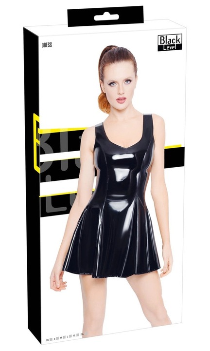 Rövid ruha Black Level, fekete, vinil, mély dekoltázzsal és bővülő szoknyával, XS INTL
