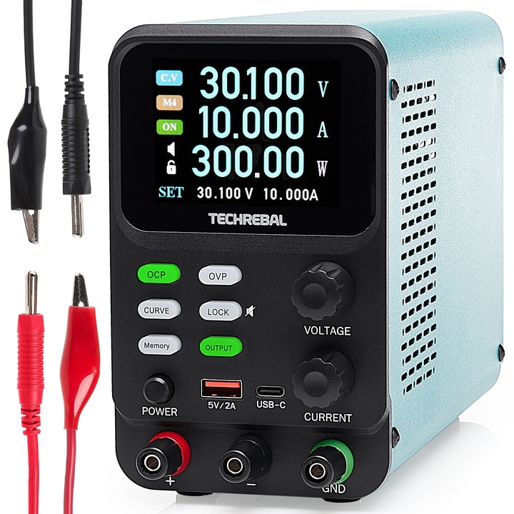 Techrebal SPPS-K3010 laboratóriumi tápegység, 30V, 10A, USB, 218x89x150mm, komplett készlet
