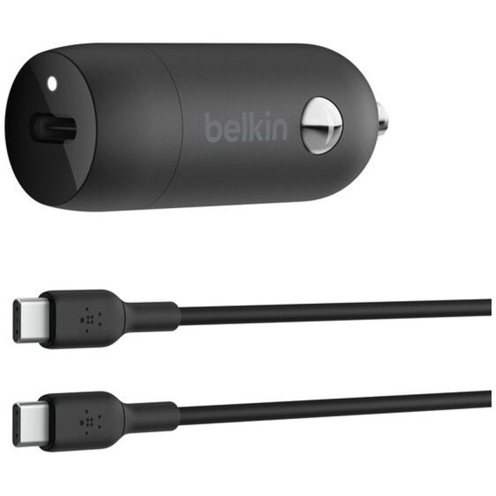 Incarcator auto Belkin BoostCharge 30W USB-C + Cablu USB-C la USB-C - Negru