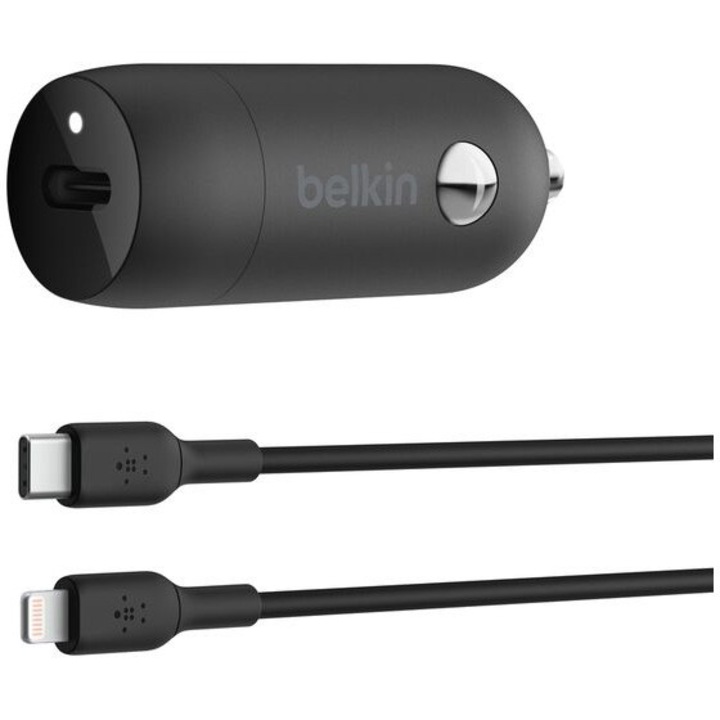 Incarcator auto Belkin BoostCharge 30W USB-C + Cablu USB-C la Lightning - Negru