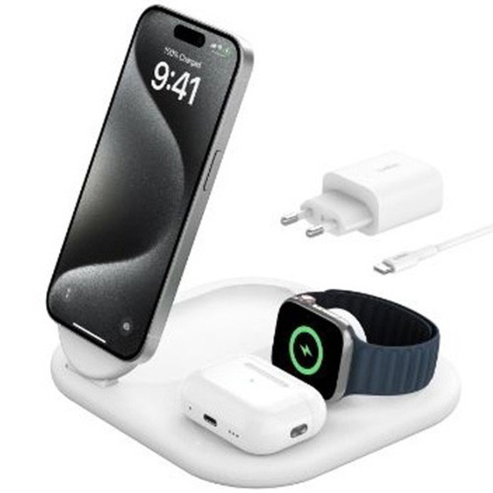 Stand de incarcare 3in1 Belkin BOOSTCHARGE Qi2 15W - Alb