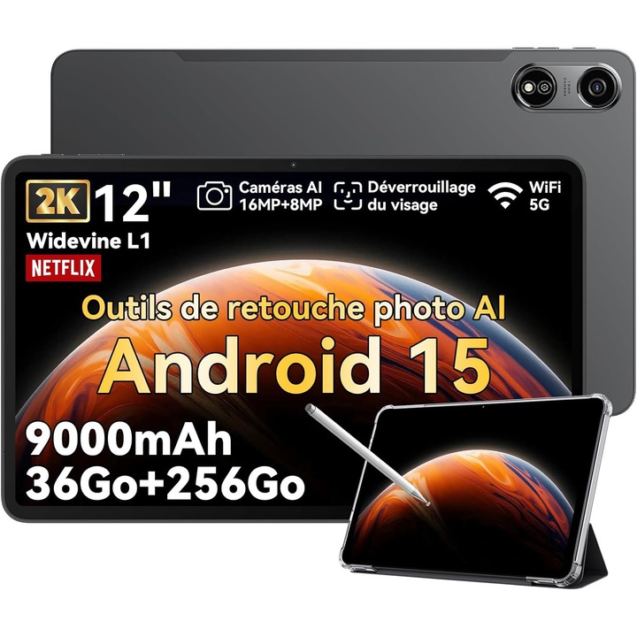 Tableta Oscal Pad 100, 12 inch, Android 15, 36GB Ram(12GB + 24GB extensibili), 1200 × 2000, 256GB ROM, Expandabil 1TB, WiFi6, Arm Mali-G57, UMS9230E(T615), Octa-Core, HD+, 13MP+5MP, 9000mAh, Gris