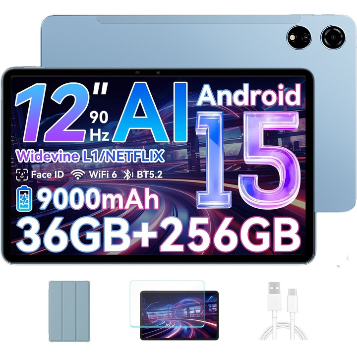 Tableta Blackview MEGA 3, 12.1 inch, Android 15, 2.4GHz+5GHz, WiFi 6, 36GB Ram(12GB + 24GB extensibili 2TB), 256GB ROM, Tableta Android de 12 inch cu ecran FHD+, 2K1200×2000, 9000mAh, Albastru
