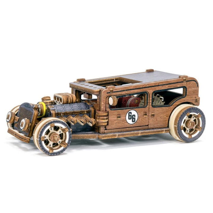 Wooden City Mechanical 3D puzzle, Hot Rod, 135 db, mérete 17 cm x 7, 8 cm x 4, 8 cm
