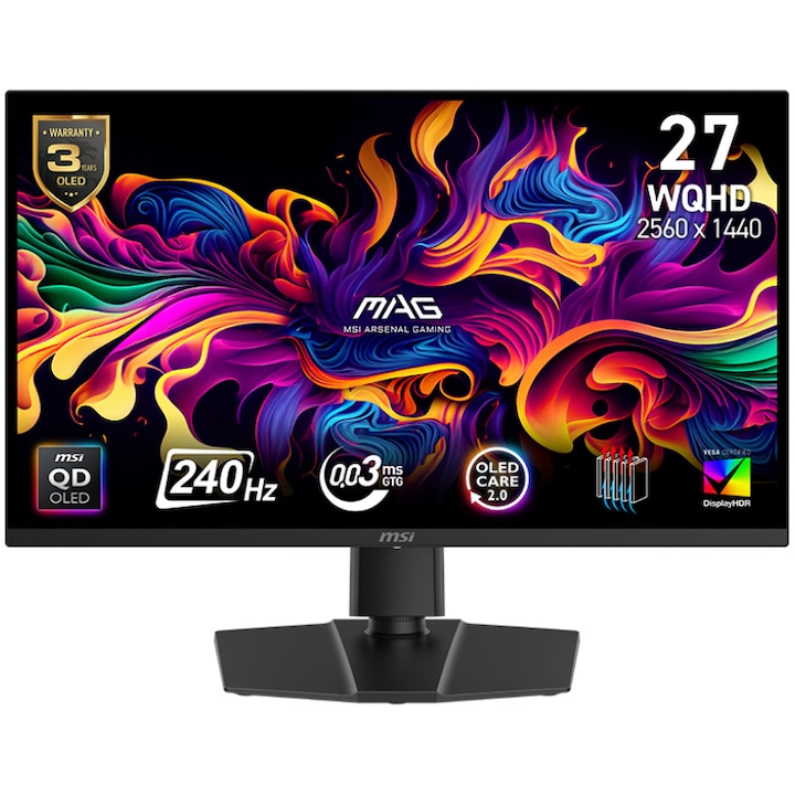 MSI MAG 271QP QD-OLED X24 monitor, 26,5 hüvelyk, WQHD, 2560 x 1440, HDMI, DisplayPort, Pivot, 240 Hz, 0,03 ms, Fekete