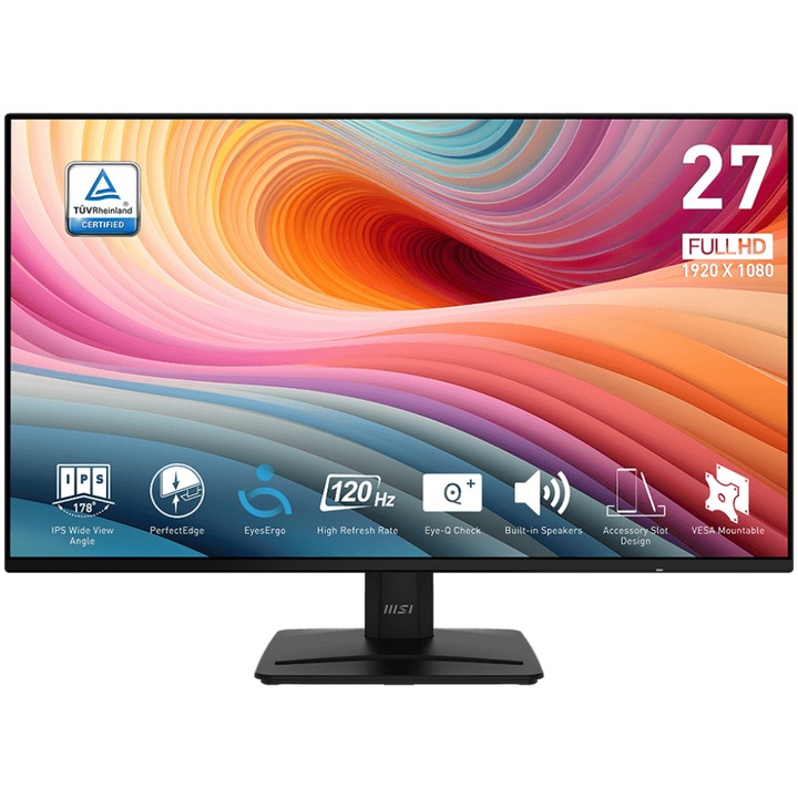 Monitor MSI PRO MP271A E2, IPS, 27 hüvelyk, Full HD, 1920 x 1080, HDMI, VGA, DisplayPort, Hangszórók, 120 Hz, 1ms (MPRT) / 4ms (GtG), Fekete