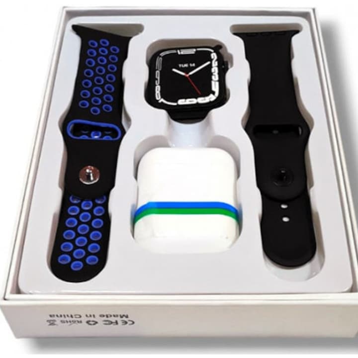 Set Smartwatch Multifunctional, Casti Wireless Bluetooth, 2 curele sport incluse, Compatibil Android/iOS- NEGRU