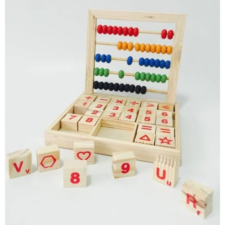 Abac din lemn cu cuburi cu cifre, operatiuni, litere, tip Montessori, 3 ani+