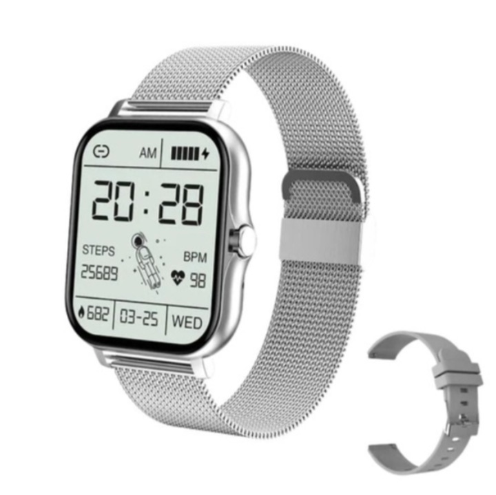Ceas inteligent sport pentru barbati sau femei, cu 2 curele INCLUSE otel inoxidabil si silicon, tracker fitness, notificare apel/mesaj, tracker fitness, - ARGINTIU