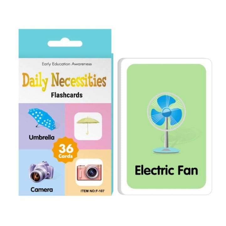 Set 36 de carduri educative cu obiecte uzuale, invatare in limba engleza, cu doua fete, Plastifiate, Anti-Rupere, Colturi Rotunjite, Metodologia Montessori, 13 x 8.8 cm, Multicolor