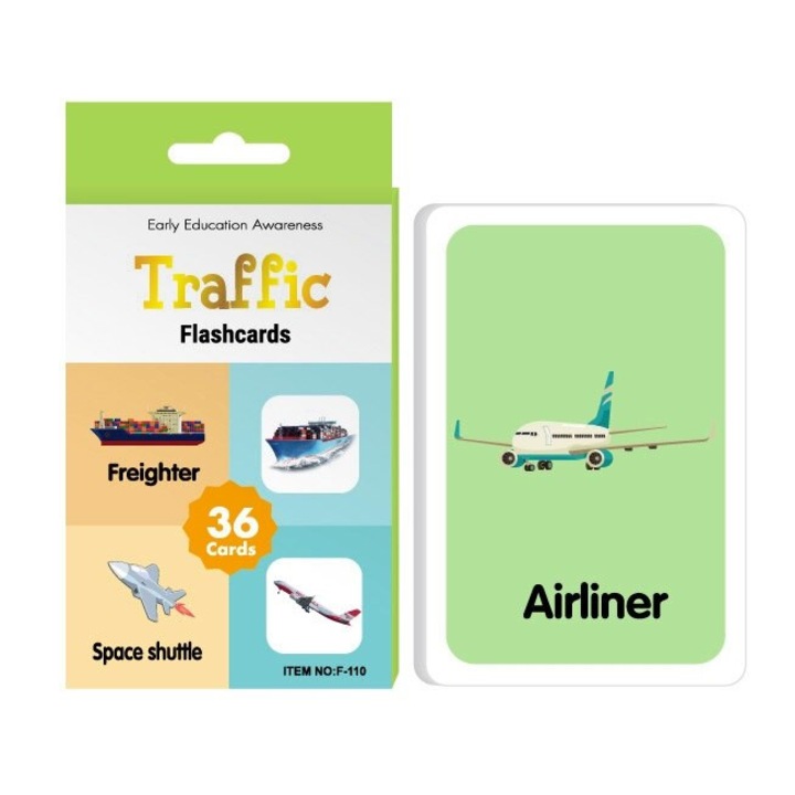 Set 36 de carduri educative cu mijloace de transport, invatare in limba engleza, cu doua fete, Plastifiate, Anti-Rupere, Colturi Rotunjite, Metodologia Montessori, 13 x 8.8 cm, Multicolor