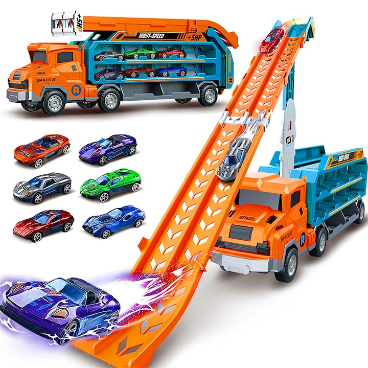 Комплект играчка камион с ремарке за превоз на състезателни коли, камионът включва писти, може да се трансформира, включен е камион с 6 колички за деца на 3, 4, 5, 6 години