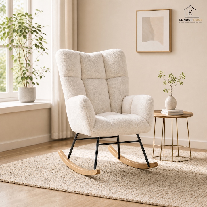 Scaun Tip Fotoliu Balansoar Elindor® din Bumbac Moale, Cadru Metalic, Picioare din Lemn, cu Perna Moale si Spatar Inalt, Pufos, Confortabil, Elegant, pentru Dormitor, Living, Camera Bebe, Inclinare 105°, Alb