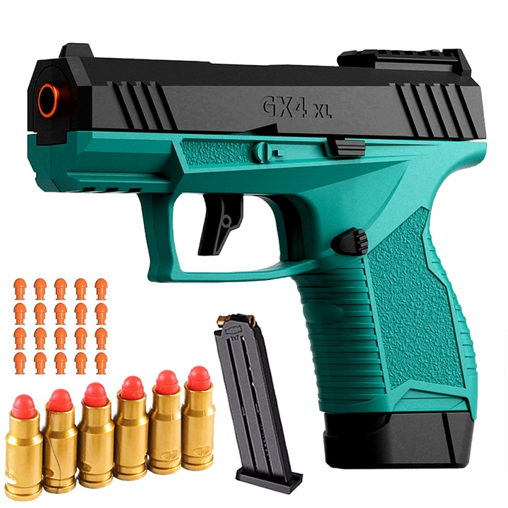 Pistol de Jucarie Incarcare Automata cu 20 de Gloante Moi de Burete EVA Distanta de Tragere 10 Metri Albastru Turcoaz/Negru SprintMag®