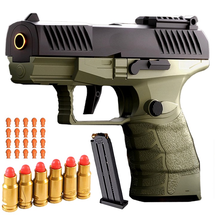 Pistol de Jucarie Incarcare Automata cu 20 de Gloante Moi de Burete EVA Distanta de Tragere 10 Metri Verde/Negru SprintMag®