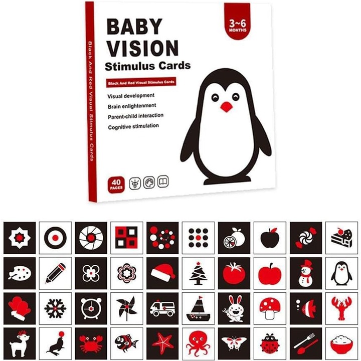Комплект 20 карти за визуална стимулация на бебета AYSTOAYS®, за сензорна, визуална и когнитивна стимулация, тип Монтесори, за 3-6 месеца, 14 x 14 см, Многоцветни