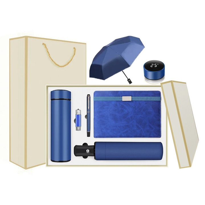 Set cadou premium business – agenda nedatata, pix metalic, termos cu afisaj digital, umbrela UV 8 spite, stick USB 15GB, cutie si punga cadou elegante – ideal birou & corporate, Albastru