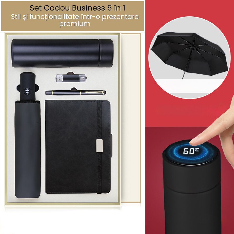 Set cadou premium business – agenda nedatata, pix metalic, termos