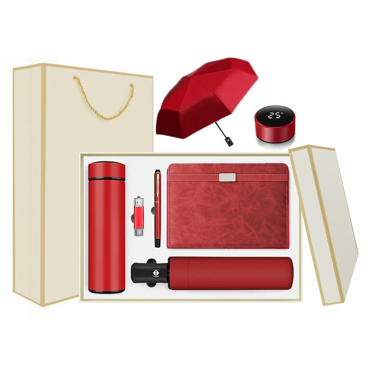 Премиум бизнес комплект – недатиран дневник, метална химикалка, термос с дигитален дисплей, 8-лъчев UV чадър, 15GB USB памет, елегантна подаръчна кутия и чанта – идеален за офис и корпоративни клиенти, червен