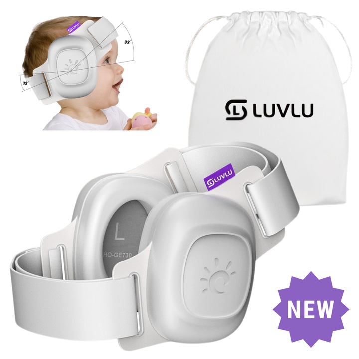 LUVLU® антифони за уши за бебета и деца, уникална лента за глава за сигурно прилягане и комфорт, многократно регулируеми за възраст 3-48 месеца, сертифицирани по CE и ANSI, защита за бебешки уши, шумопотискане 25dB SNR