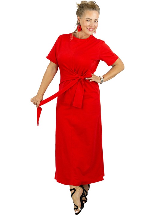 Rochie Dama – Croiala Midi, Cordon in Talie, Material Moale, Monocroma Rosu Agrafka unisize