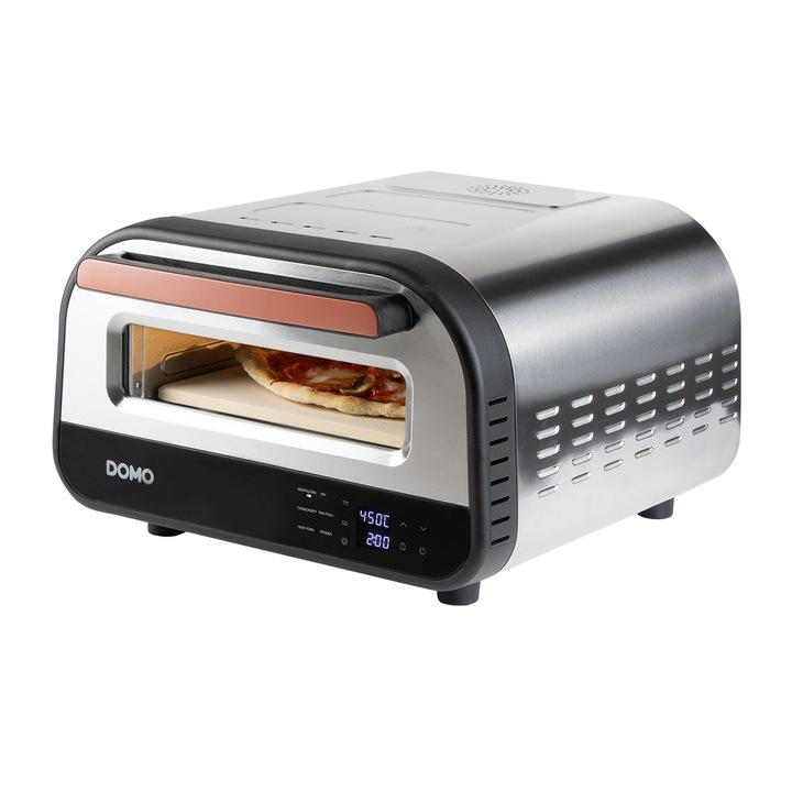 Multifunkcionális elektromos pizzasütő DOMO, Pizza Genius, Ø32 cm, natúr kő, mindössze 2 perc alatt elkészül, 6 automatikus program, állítható hőmérséklet 80-450°C, prémium minőség, rozsdamentes acél ház, könnyen tisztítható, 1700 W, rozsdamentes acél