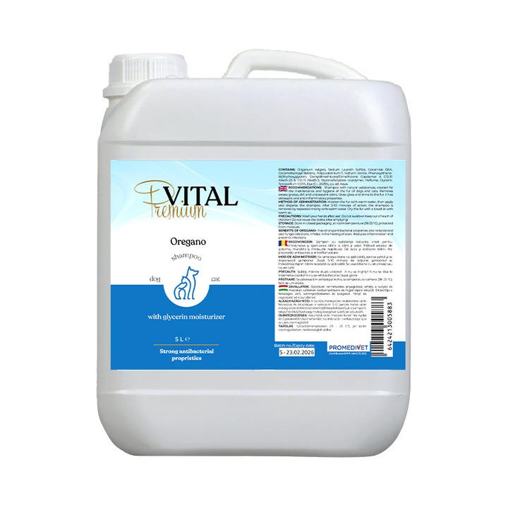 Sampon Premium-Vital Oregano 5 l pentru Caini si Pisici cu efect antiseptic, ajuta la prevenirea aparitiei ciupercilor si bacteriilor, imbunatateste structura firului de par, astfel blana va deveni mai puternica si plina de stralucire