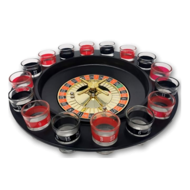 Игра рулетка с шотове, диаметър 30 см, 16 стъклени чаши, вместимост 25 мл, Черно/Червено, За Парти/Рожден ден