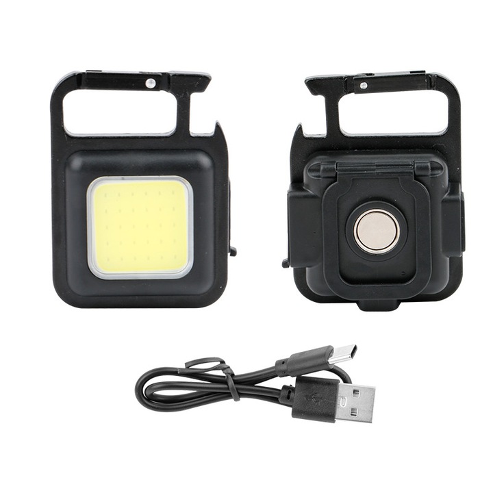 Мини фенерче, COB LED, презареждащо се, тип ключодържател, USB-C, магнитно, алуминиево, черно