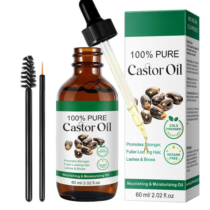 Ulei de Ricin 100% Raw, Fara Hexan, pentru Crestere Gene, Sprancene si Par, NOVA KISS® 60 ml