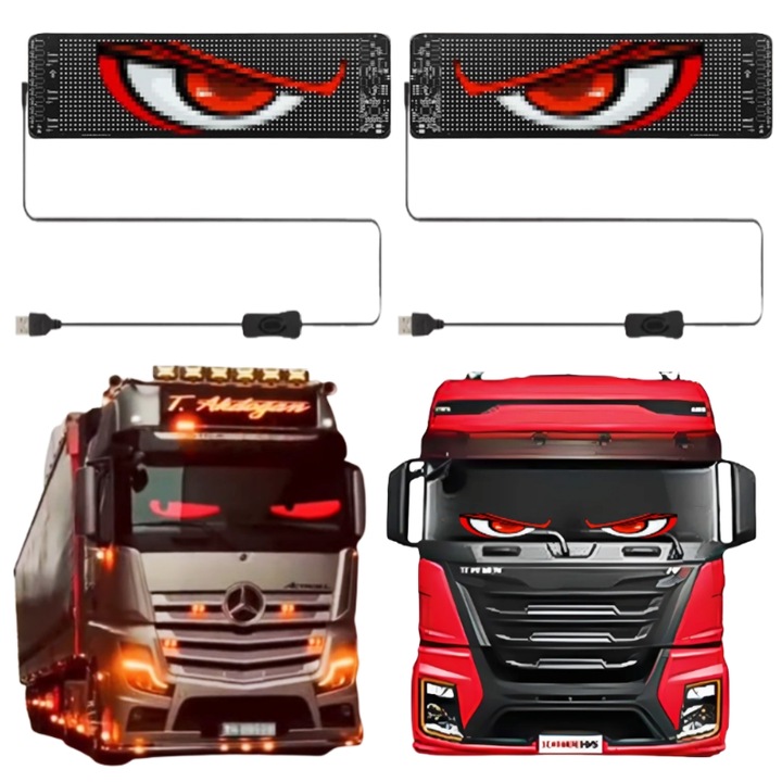 2 db BZRSH mátrix LED kijelző panelből álló készlet, flexibilis, RGB kijelző, 595x120 mm, ördögszem, teherautó-szem, óra, személyre szabott üzenetek, alkalmazásvezérlés és távirányító, USB csatlakozás
