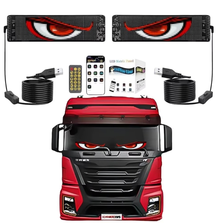 Set 2x Panouri afisaj Matrix LED BZRSH, flexibil, display RGB, 595x120 mm, devil eyes, ochi camion, ceas, mesaje personalizate, control aplicatie si telecomanda, conectare USB