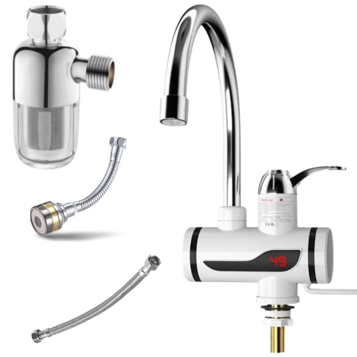 ECOTEMPUS® Azonnali Melegvíz Csaptelep, Digitális Kijelző, 3000 W Teljesítmény, Szennyeződésszűrő, Rugalmas Csatlakozás, Rugalmas Hosszabbító 3 Átfolyási Móddal