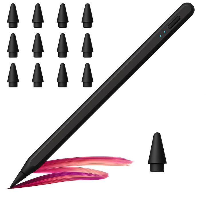 Stylus pen, pencil pentru tableta iPad Apple 2018-2025, profesional, capacitiv, penite anti-zgarieturi, pix cu functie palm rejection, tilt, fara lag, fast charge, magnetic, aluminiu, USB-C, set penite de schimb inclus, Negru