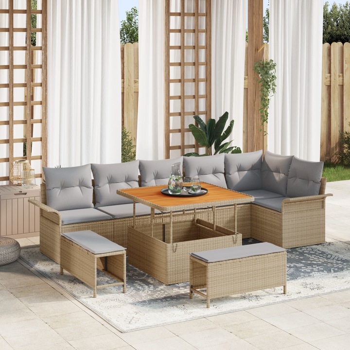 Set mobilier de gradina, vidaXL, cu 9 piese si perne din poliratan bej, acacia