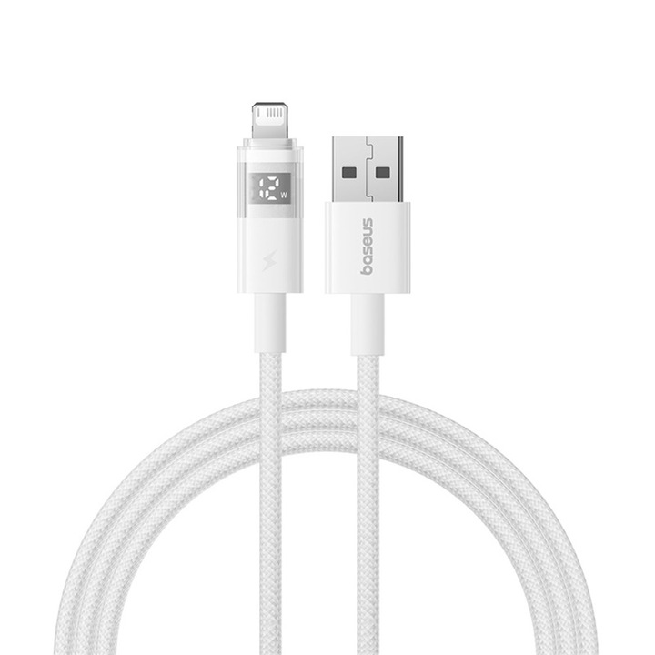 Кабел за данни с дигитален дисплей, USB към Lightning, 2.4A, 2 м - Baseus Display 2 (P10382700211-01) - Лунно бял