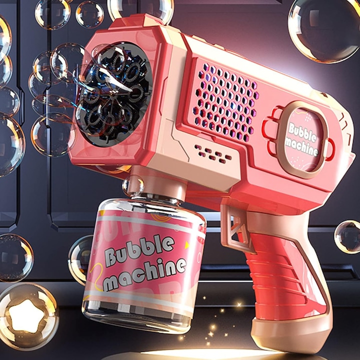 Automatikus szappanbuborék-pisztoly gyerekeknek, 5000+ lufi/perc, LED lámpával, 8 aljzattal, rózsaszín dizájn, interaktív elemes játék, 3+ éves kortól