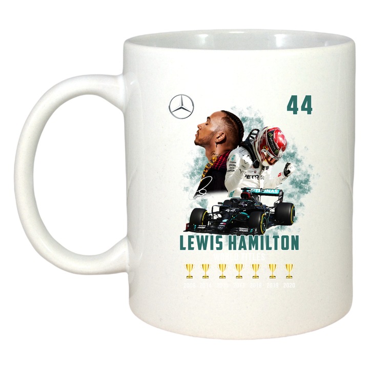 Cana lewis hamilton colaj masina trofee mercedes formula 1, Cri-Flo, Ceramica, 330 ml, Culoare Alb