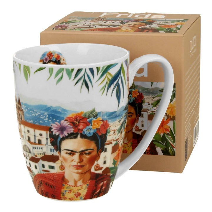 Порцеланова чаша, Duo, Frida Classic Mexican Art, 360 мл, лека и издръжлива, оригинален дизайн, вдъхновен от изкуството, идеална за подарък, за кафе и чай, в декоративна кутия, цветна