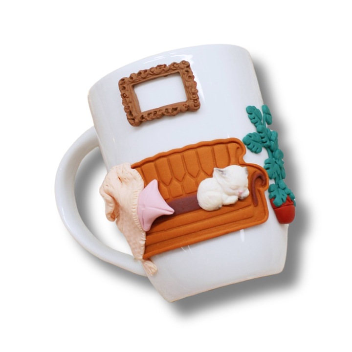 Чаша - Уютна атмосфера - Керамична, декорирана с полимерна глина, Ръчно изработена