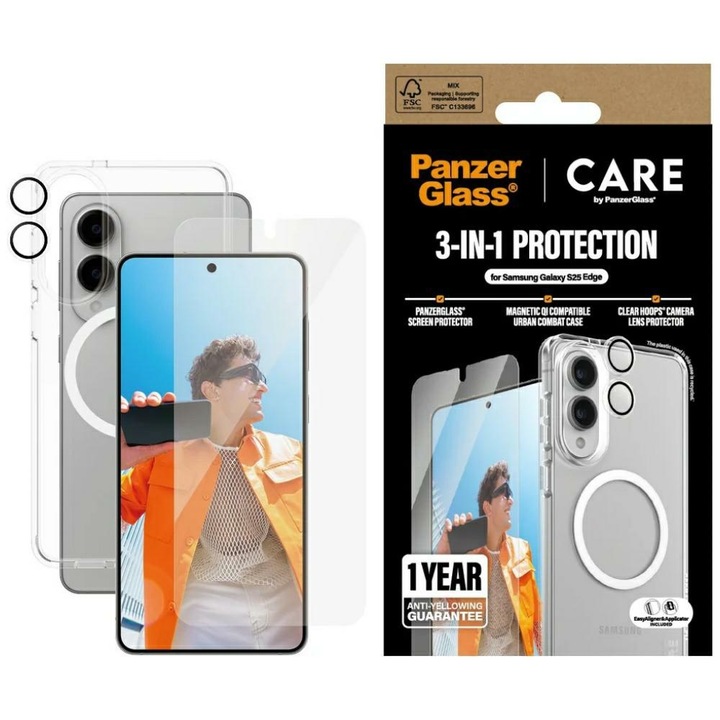 3в1 калъф за телефон, PanzerGlass, за Samsung Galaxy S25 Edge, със стъкло и леща