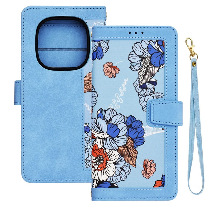 Husa tip carte pentru Xiaomi Redmi Note 14 Pro Plus 5G, Mystic Flowers, Piele ecologica, Buzunare carduri, Inchidere cu capsa, Functie stand/suport, Decupaj difuzor apeluri, Acoperire 360, Protectie completa fata-spate, Snur incorporat/detasabil, Albastru