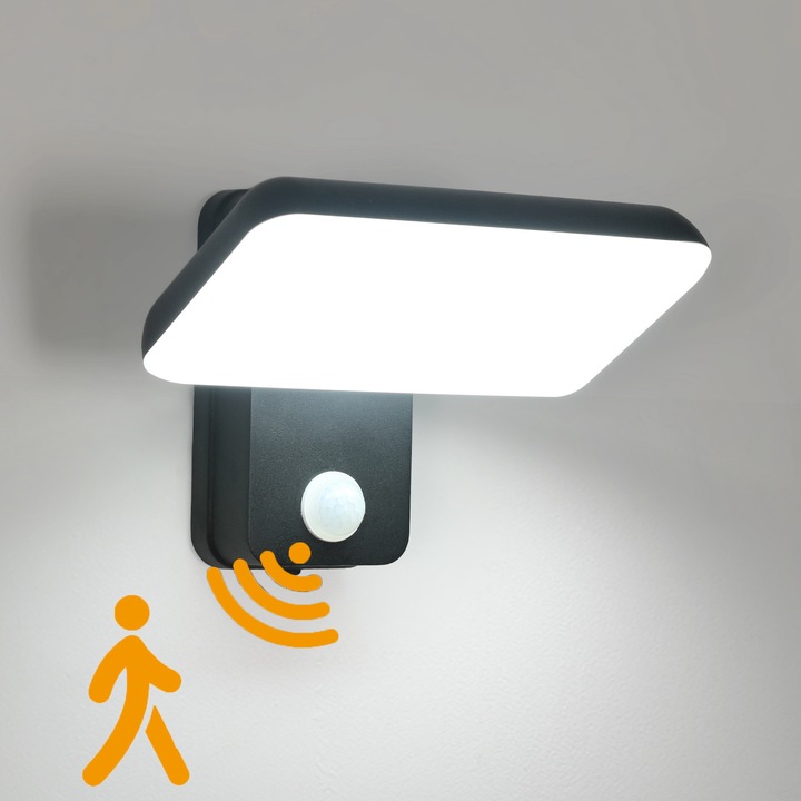 Aplica de exterior, Goeco, Negru, Lumina Rece 6000K, 16W, Cu Senzor, rezistenta la apa IP65, potrivita pentru parcuri, garaje, usi