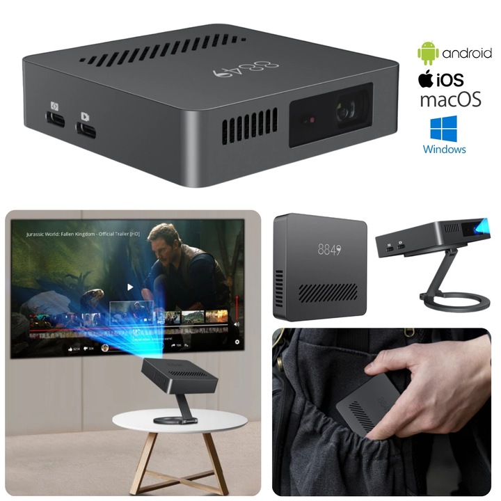 Videoproiector Ultra Portabil, Mini Proiector Smart si Inteligent, Full HD, Auto-Focus, Auto-Aliniere, Plug & Play, Compatibil iOS/Android, 100 Lumeni, Ajustare Unghiulara, Ideal pentru Calatorii si Filme Acasa, Carcasa Metalica, Negru