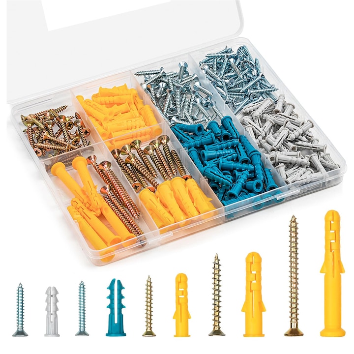 Set 270 holsuruburi cu diblu, Axroad Mall, Suruburi auto-filetante, Cutie de depozitare transparenta pentru acces usor, Rezistenta la coroziune, prin insurubare, Usor de transportat si depozitat, Pentru caramida, beton, Galvanizate, Galben/Auriu