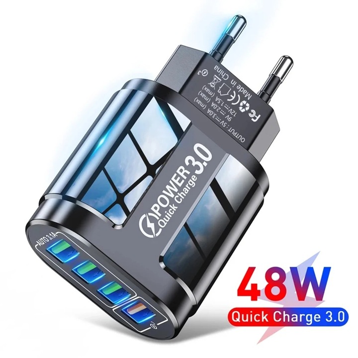 QC3.0 48W gyorstöltő, 4 USB port, EU szabvány, hordozható, utazó, 4 portos gyorstöltés, Android, iPhone, Xiaomi és egyéb eszközökhöz alkalmas