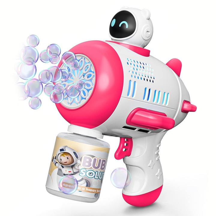 Jucarie interactiva, Pistol cu bule de sapun, luminite si alimentare cu baterii, Roz/Alb, SALLMA®