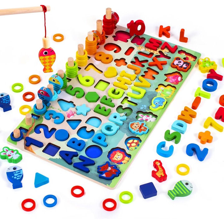 Joc 7 in 1 din lemn, Montessori logaritmic, litere, cifre, forme, animale salbatice, forme geometrice si pescuit magnetic, SALLMA®