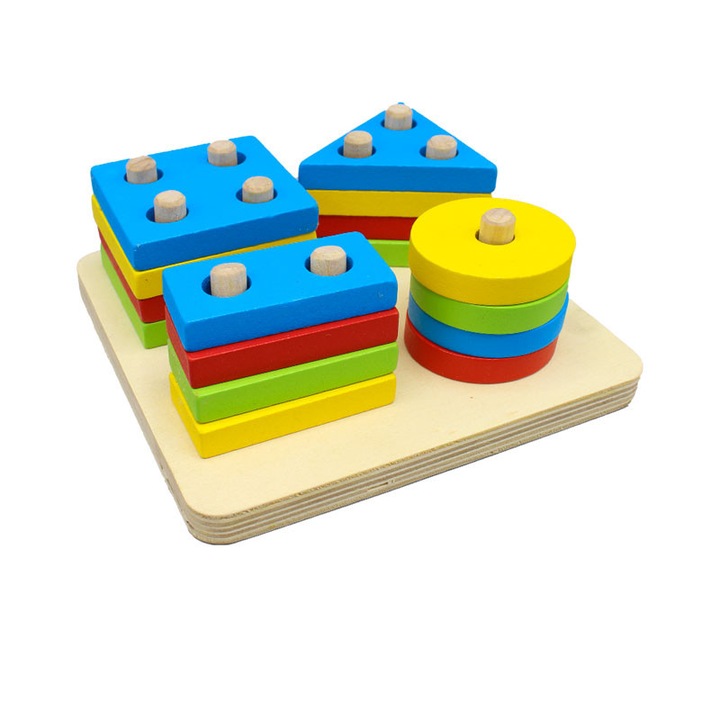 Blocuri din lemn, Montessori, 4 forme geometrice si 4 coloane, multicolor, SALLMA®