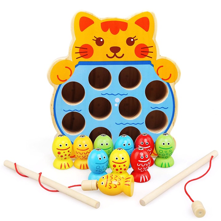 Joc de pescuit din lemn, pisicuta vesela, magnetic, Montessori, SALLMA®